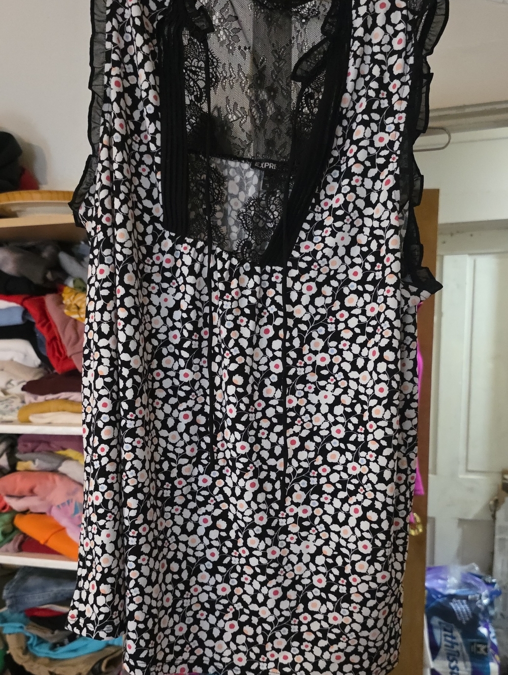 Express Black Floral Lace-Trim Tank Dress with Pink Accents